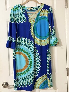Aryeh Blue, Teal & Orange Geometric Midi Dress